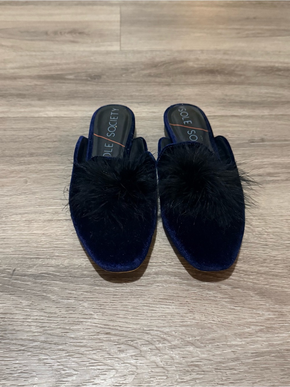 Sole Society Velvet Navy Pom-Pom Mules